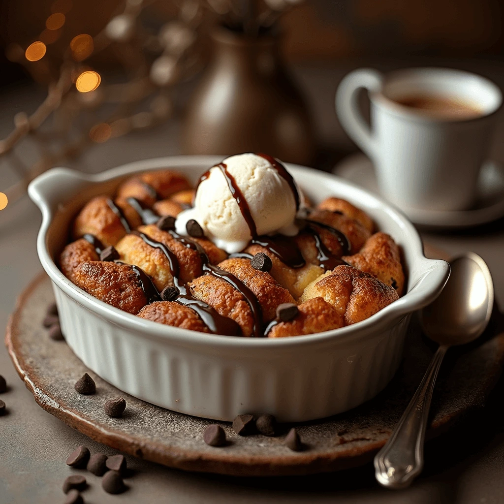 Warm chocolate bread and butter pudding with a golden top, served with a dollop of whipped cream.