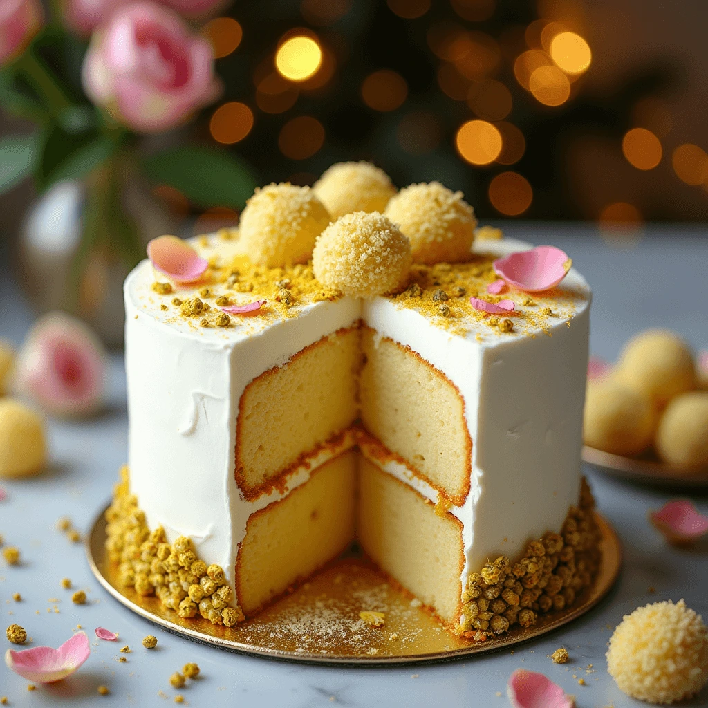 Delicious Rasmalai Cake topped with whipped cream, pistachios, and rose petals on a white plate.