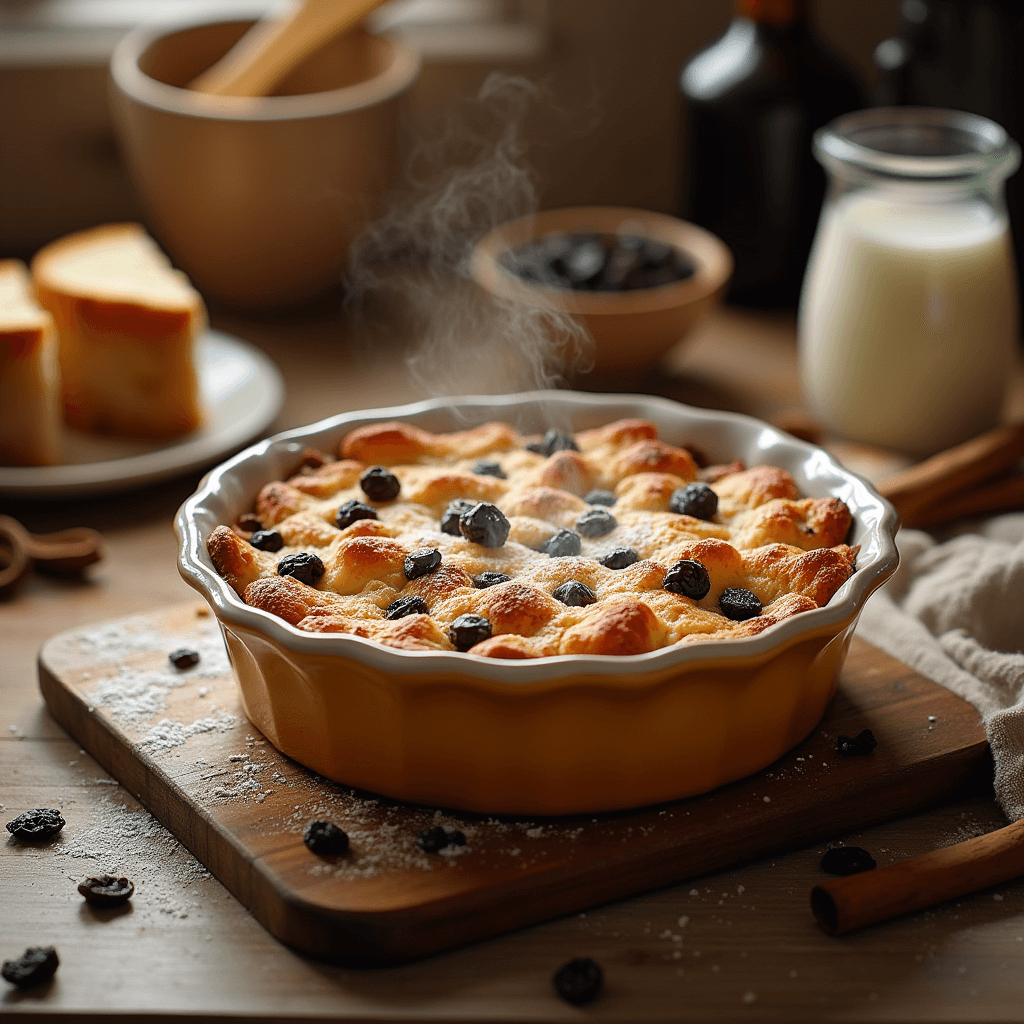 Close-up of homemade raisin bread pudding with a dusting of powdered sugar, ready to be served.