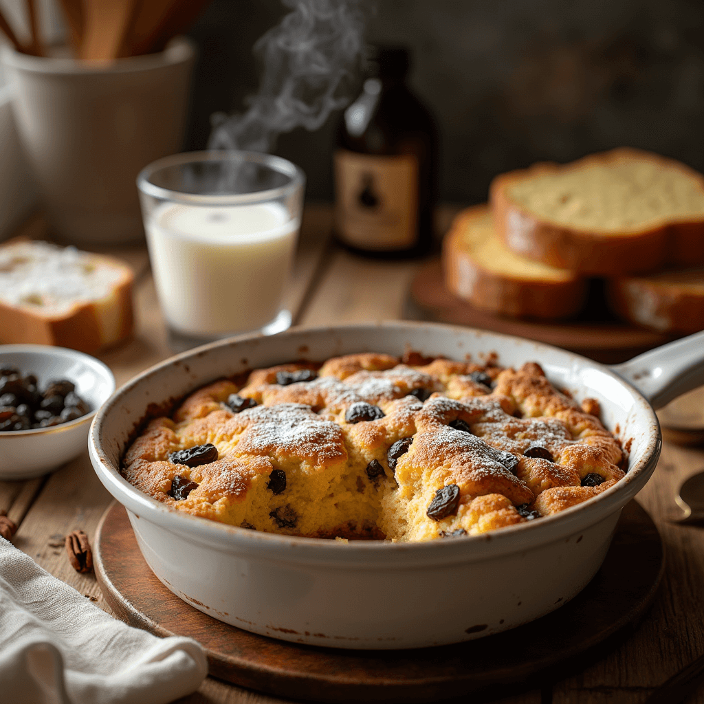 Golden brown classic raisin bread pudding with raisins peeking out, served warm in a rustic kitchen.