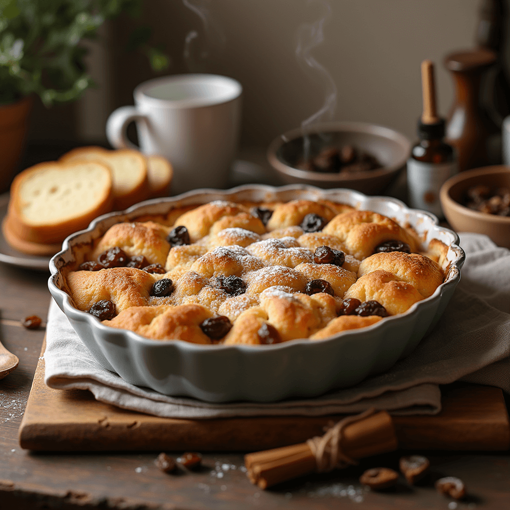 Comforting raisin bread pudding in a baking dish, with a soft, golden top and soaked bread pieces.