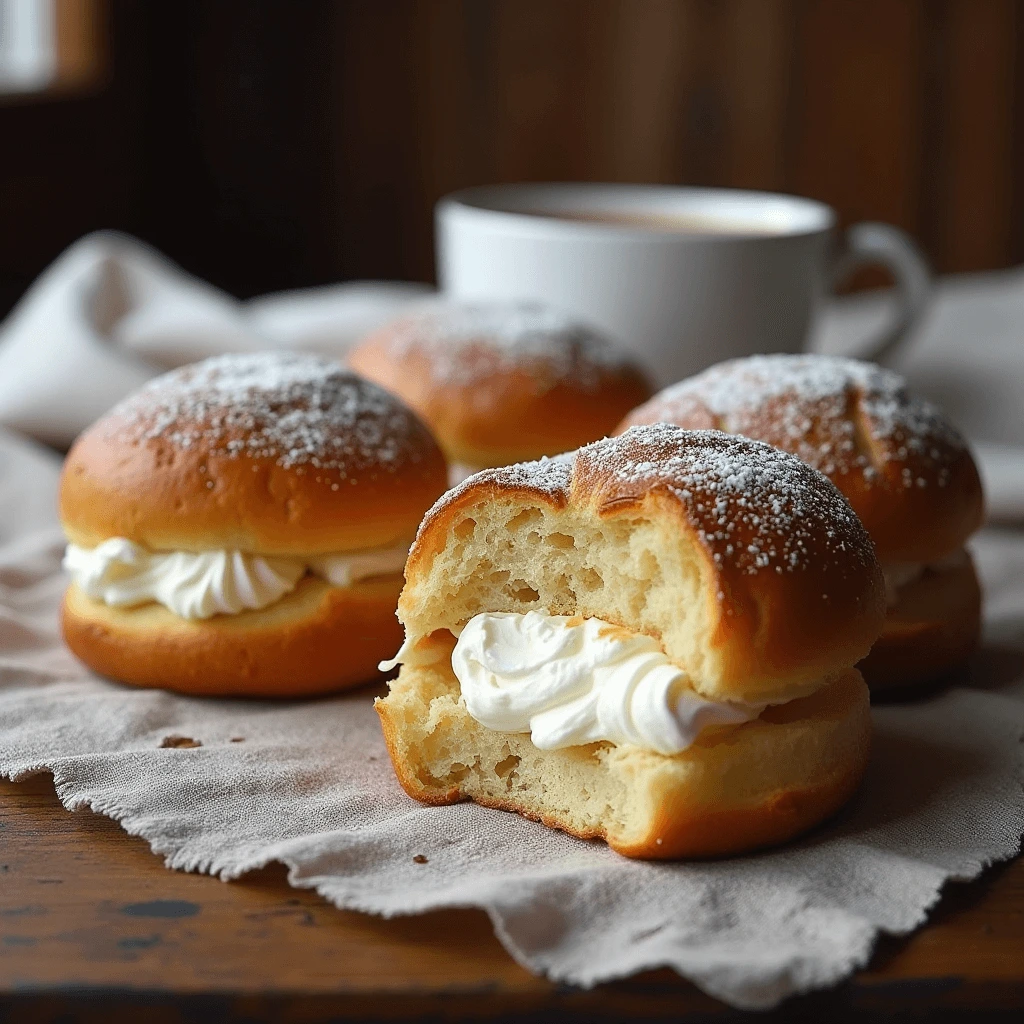 Close-up of classic Swedish semlor with almond paste filling and fluffy cream.