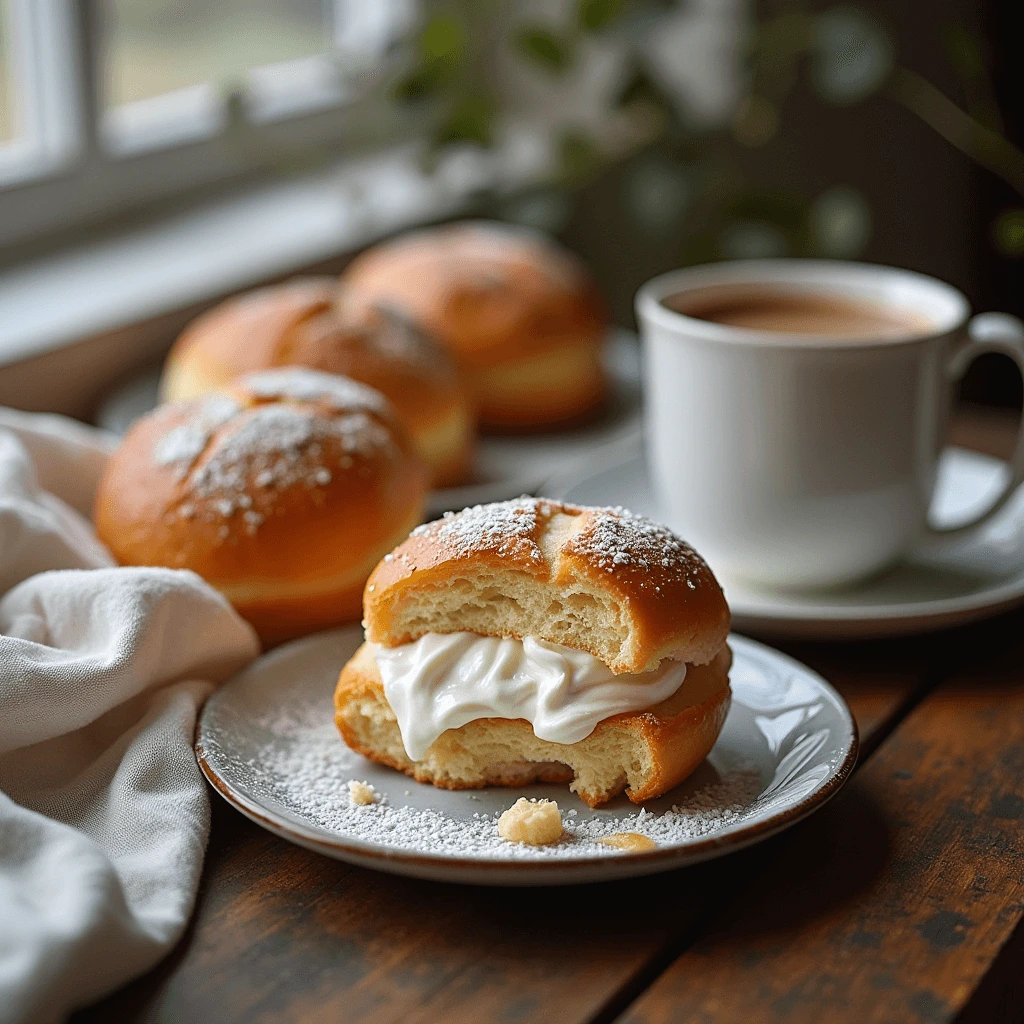 Traditional Swedish semlor buns topped with whipped cream and powdered sugar on a wooden table.