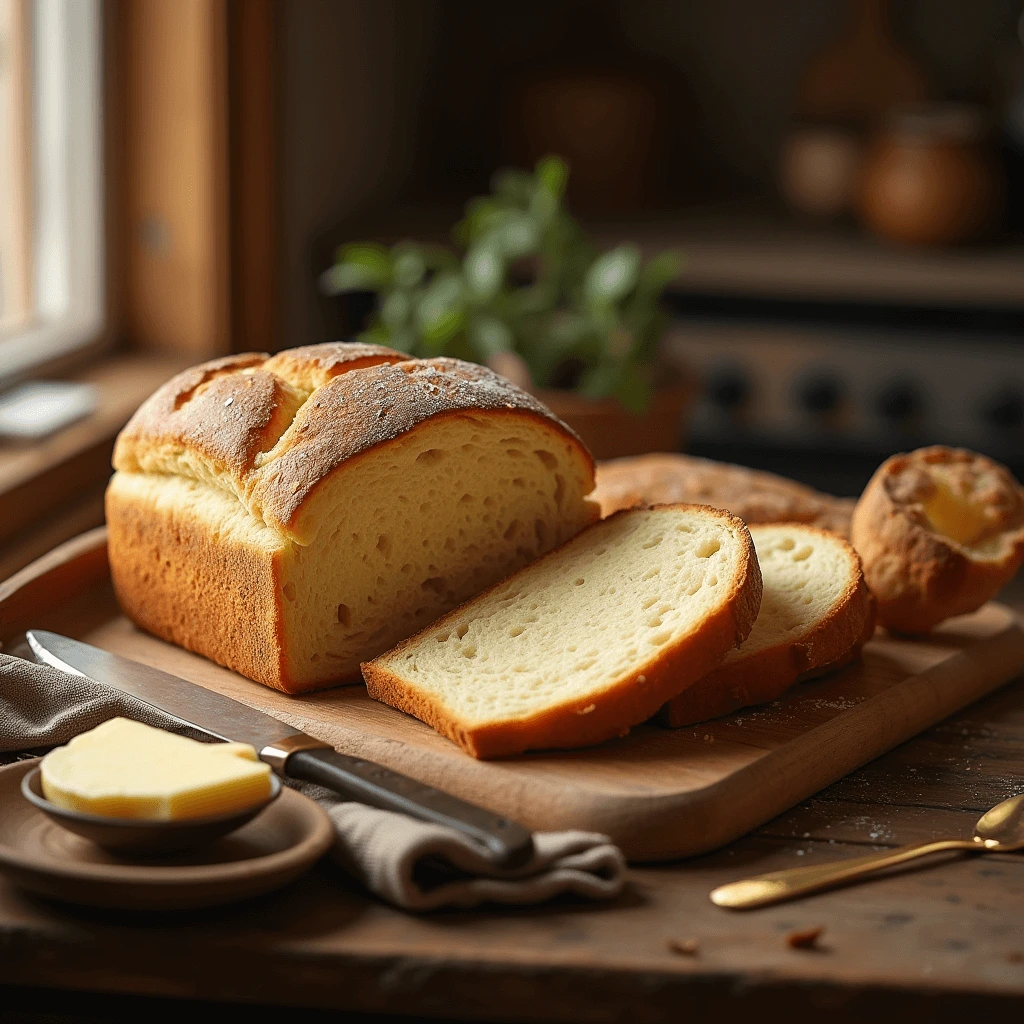 Freshly baked sweet sourdough bread loaf on a wooden board with a slice cut open.