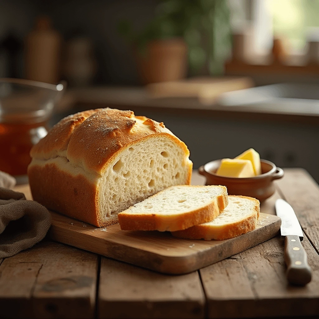 Homemade sweet sourdough bread sliced and served on a rustic kitchen table.