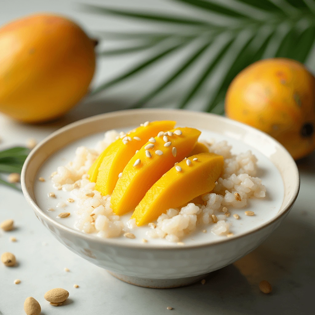 Close-up of traditional Thai sticky rice with mango dessert served with coconut sauce and ripe mango slices.