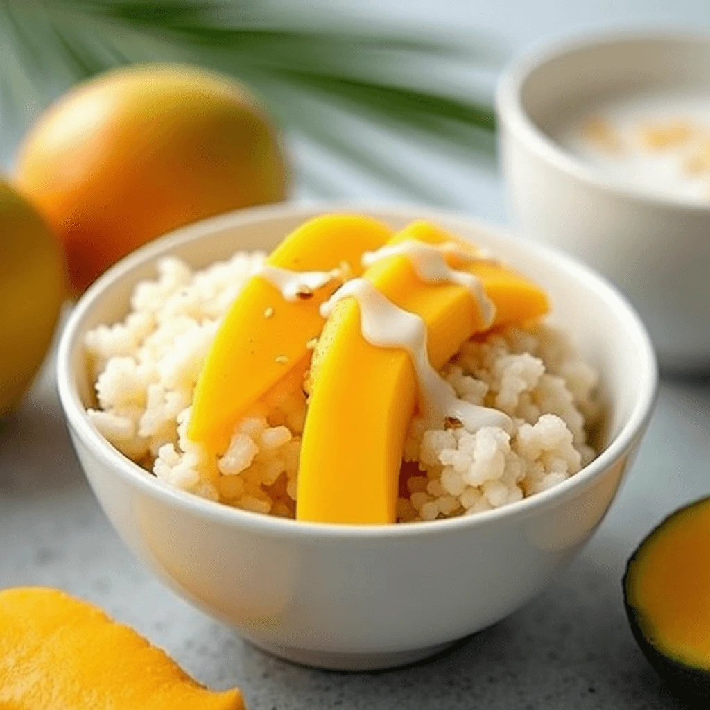 A plate of sticky rice with mango topped with coconut milk, sesame seeds, and fresh mango slices.