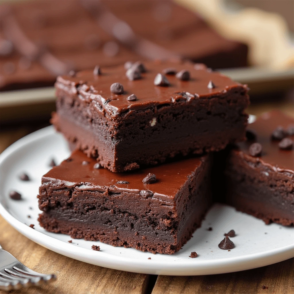 Close-up of moist and fudgy sweet potato brownies topped with dark chocolate chips, sitting on a rustic wooden table.