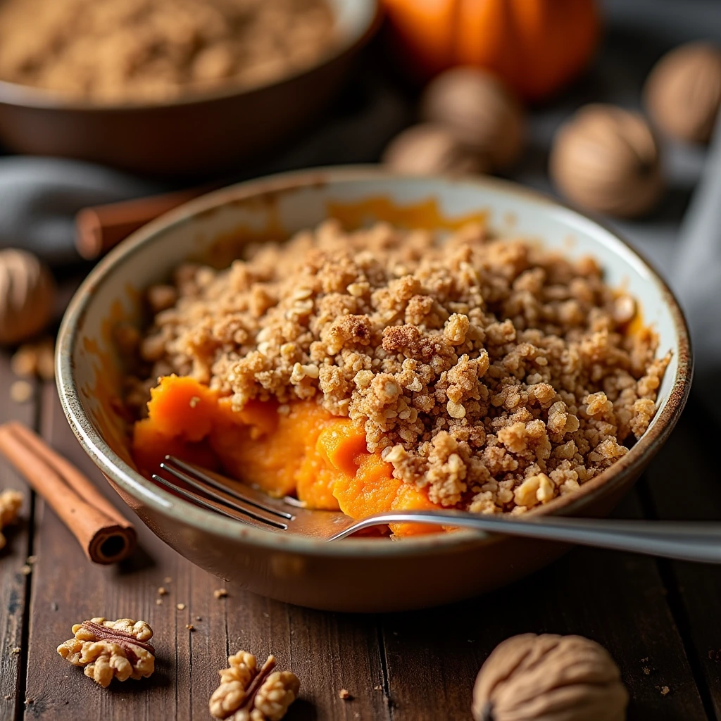 Healthy sweet potato crumble recipe: A wholesome dessert with a crunchy topping and creamy sweet potato filling.