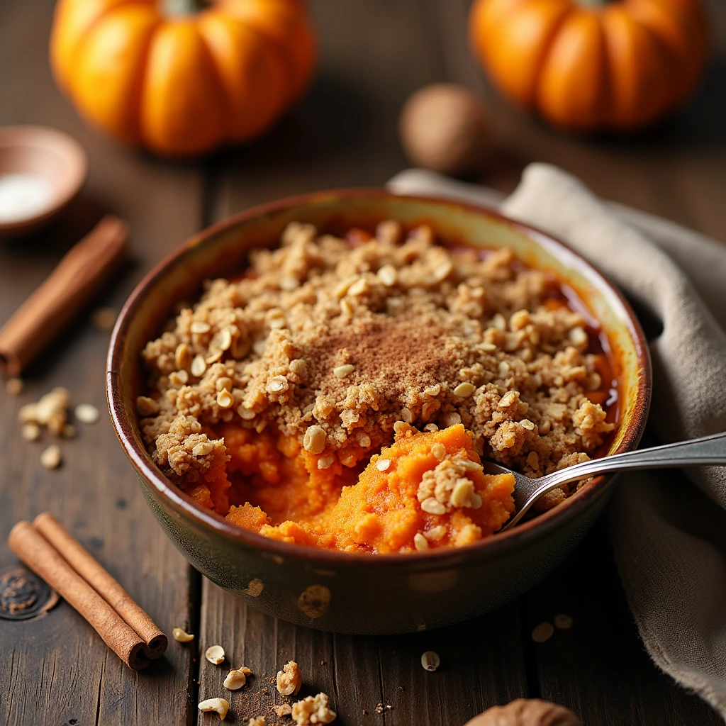 Healthy Sweet Potato Crumble served in a rustic dish, topped with a golden oat and nut crumble, and garnished with cinnamon. A warm, inviting dessert with a cozy autumn vibe.