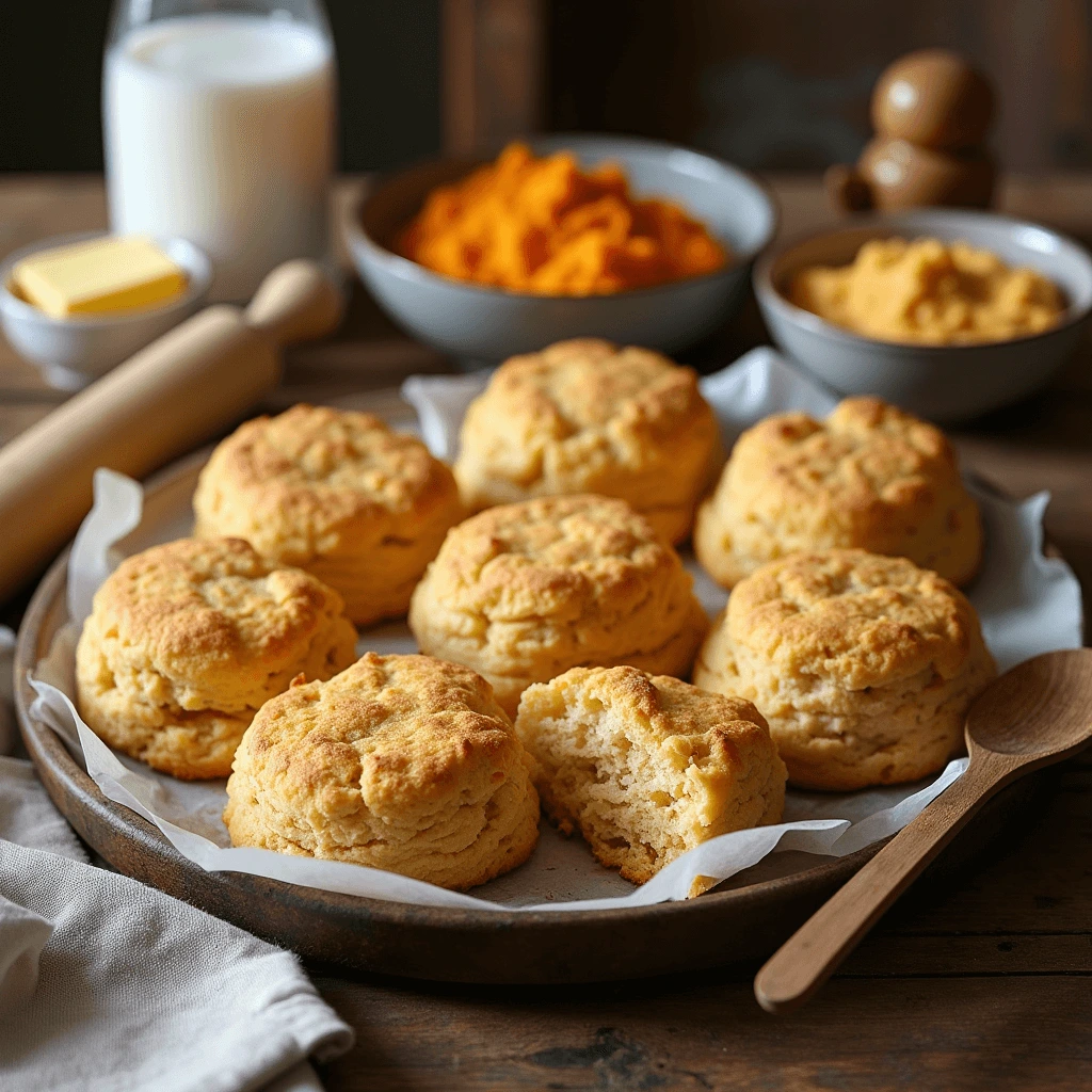 Soft and golden sweet potato biscuits served with a side of butter and jam, perfect for any meal.