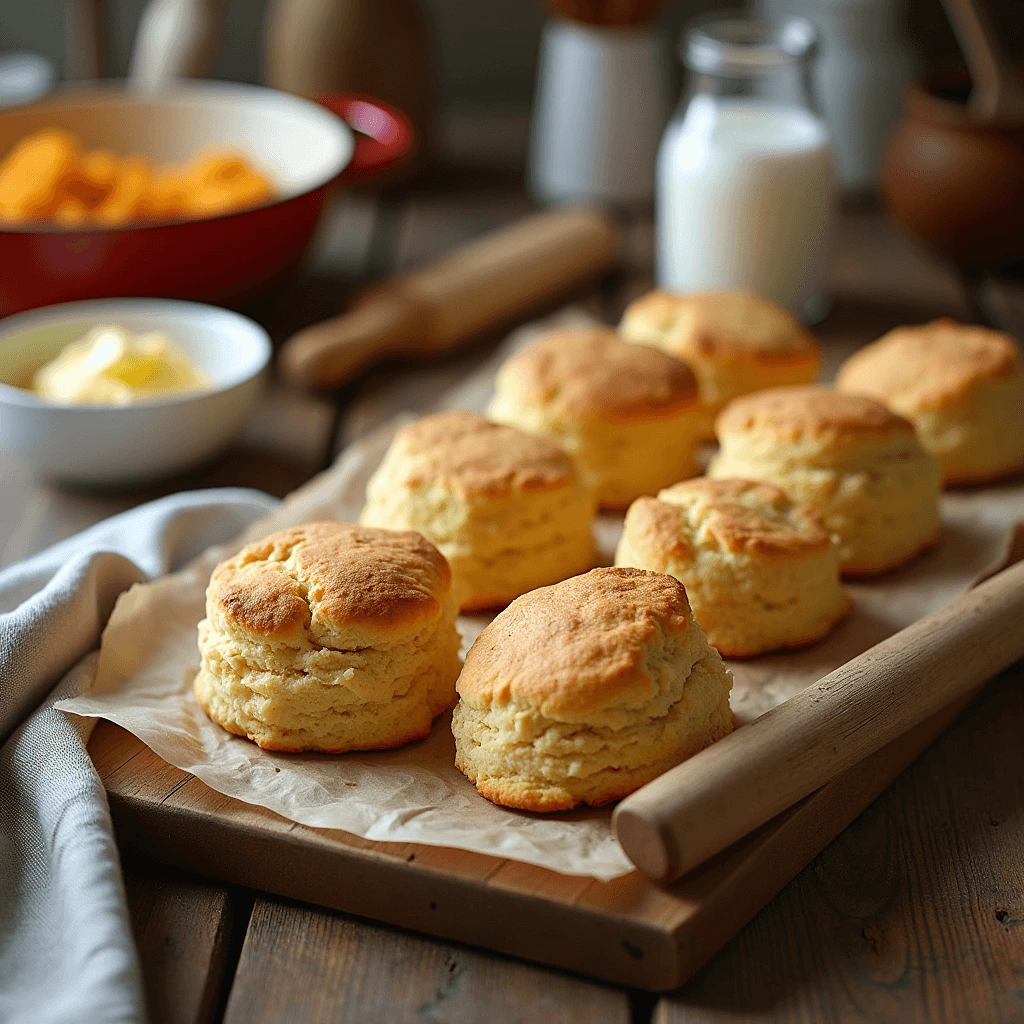 Freshly baked fluffy sweet potato biscuits on a rustic wooden table with mashed sweet potatoes and butter.