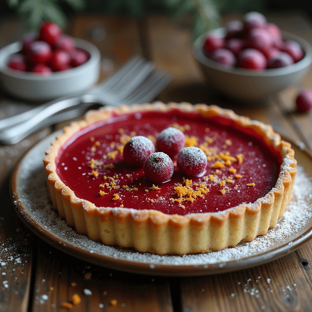 Cranberry curd tart served on a rustic wooden table with a fork and fresh cranberries in the background.