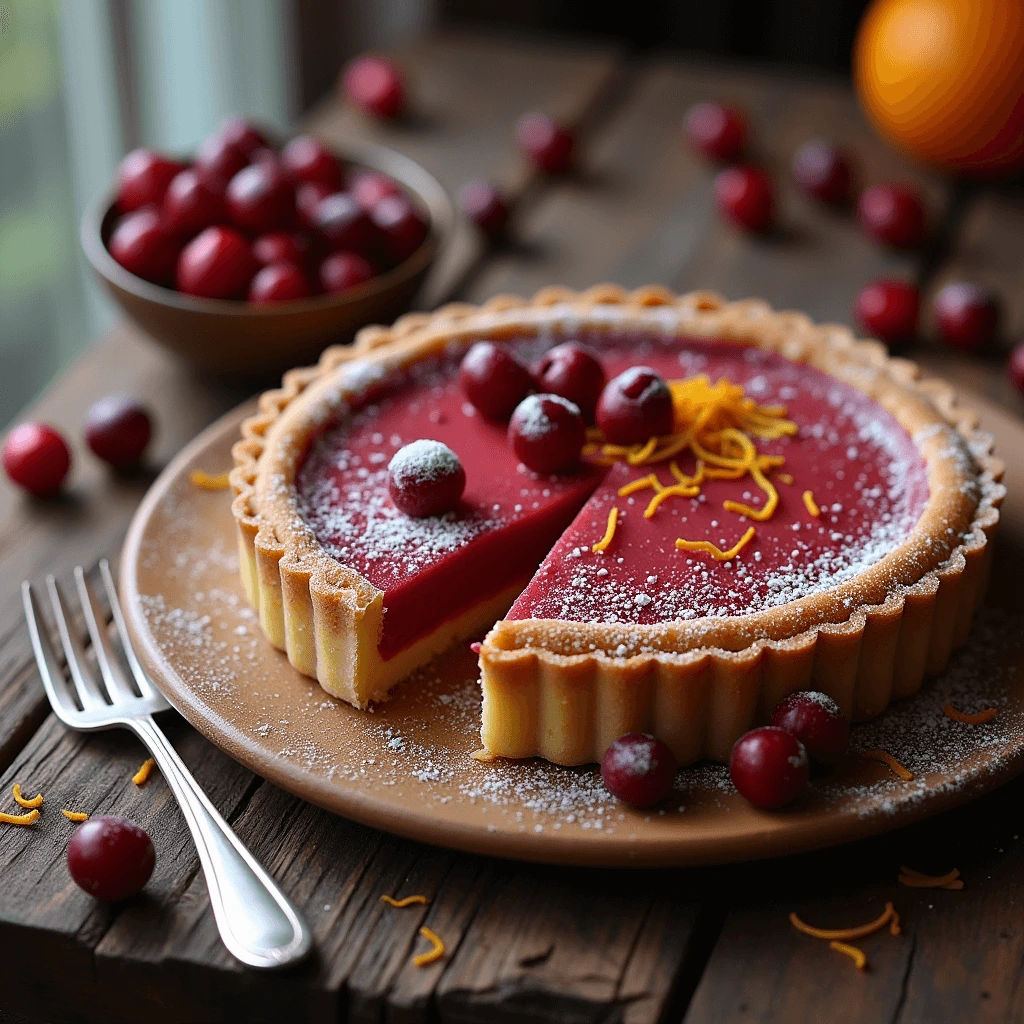 Cranberry curd tart with vibrant red filling, garnished with orange zest and a light dusting of powdered sugar.