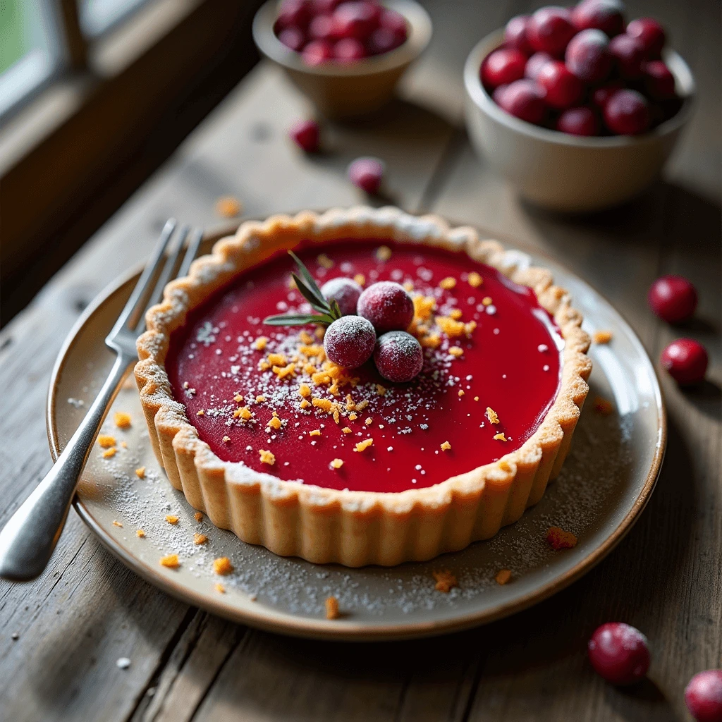 Close-up shot of a cranberry curd tart with a buttery golden crust and sugared cranberries on top.