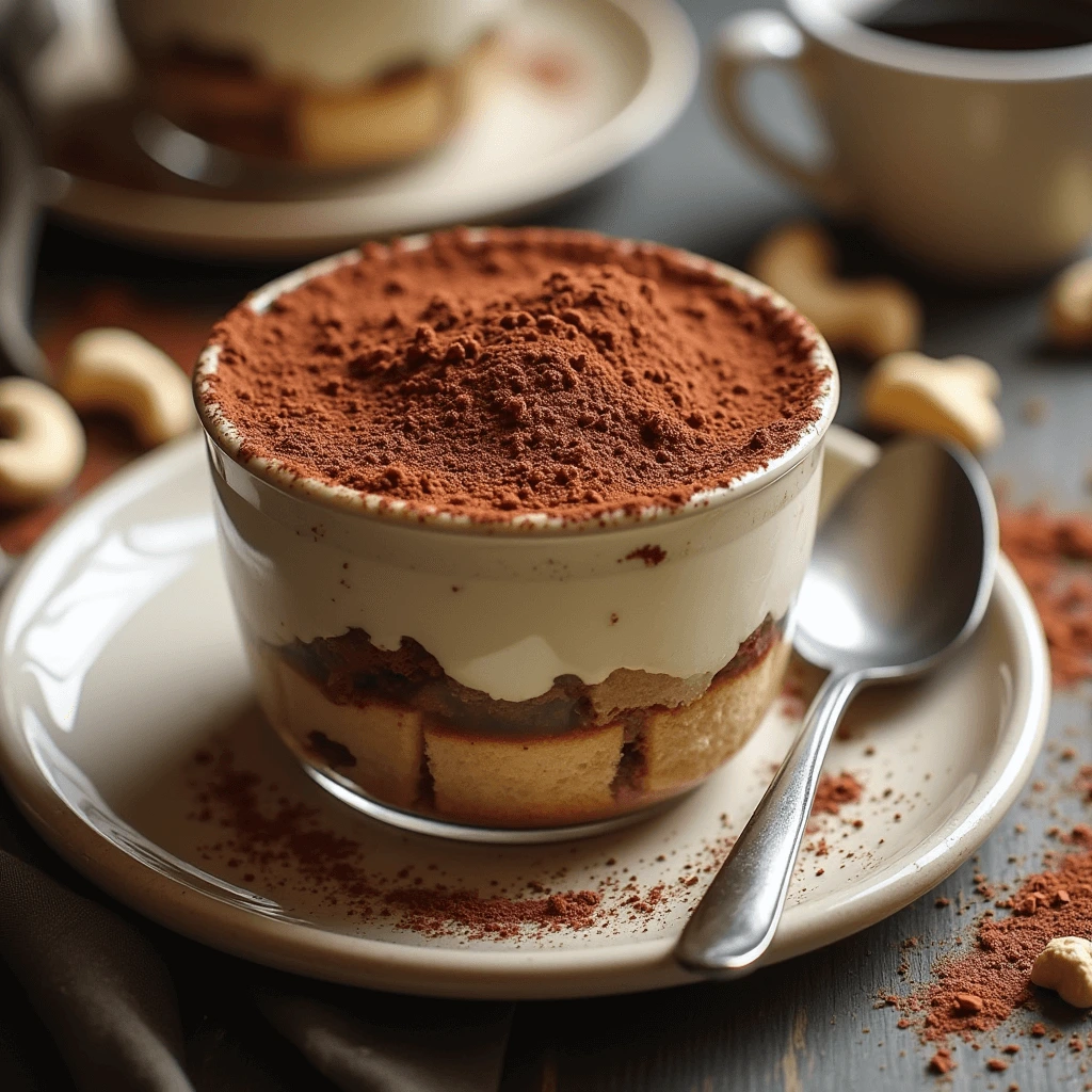 Vegan Tiramisu made with dairy-free ingredients, featuring layers of coffee-soaked sponge cake and a creamy, rich vegan mascarpone.