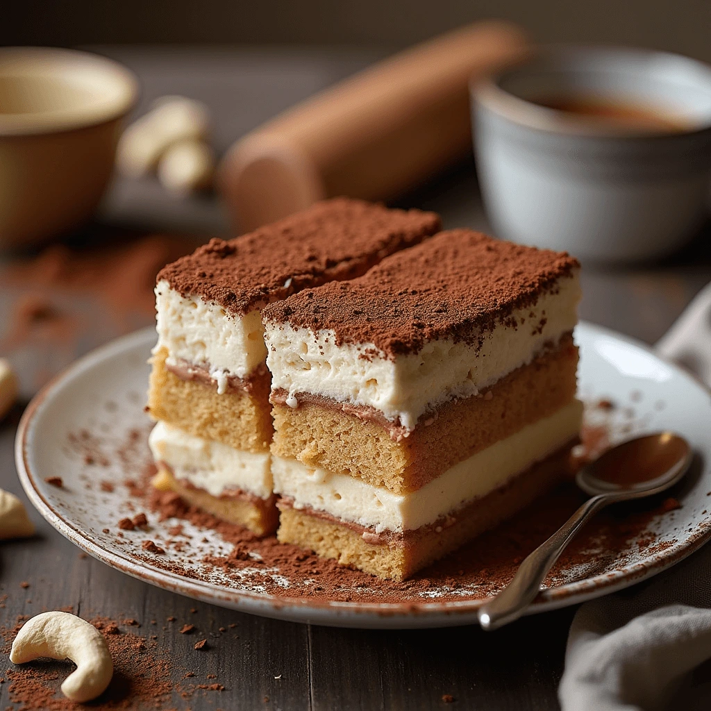 Vegan Tiramisu with layers of coffee-soaked cake, vegan mascarpone, and cocoa powder.