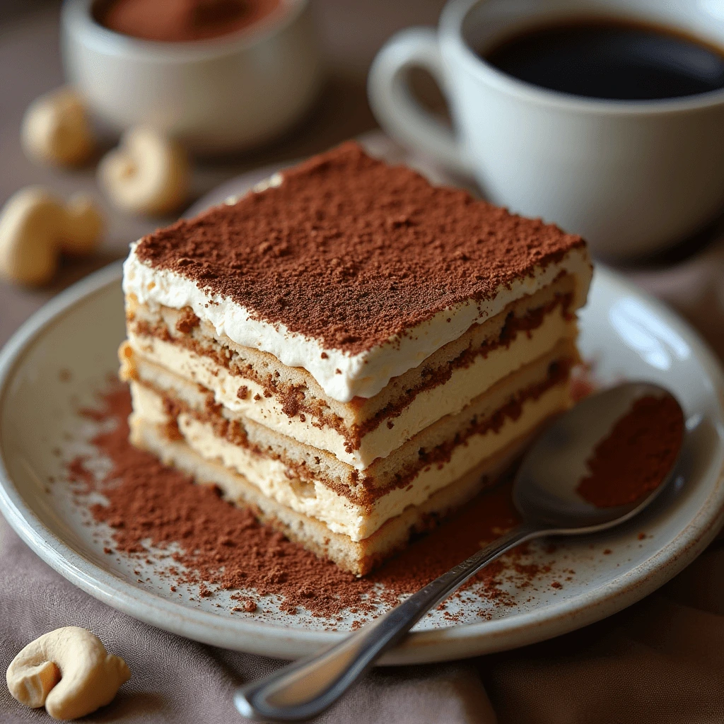 Vegan tiramisu with layers of coffee-soaked ladyfingers and creamy cashew mascarpone, dusted with cocoa powder.