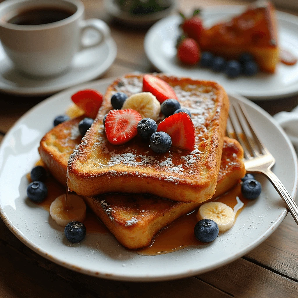 Perfectly crispy French toast with a drizzle of maple syrup and a dusting of powdered sugar, surrounded by fresh berries.