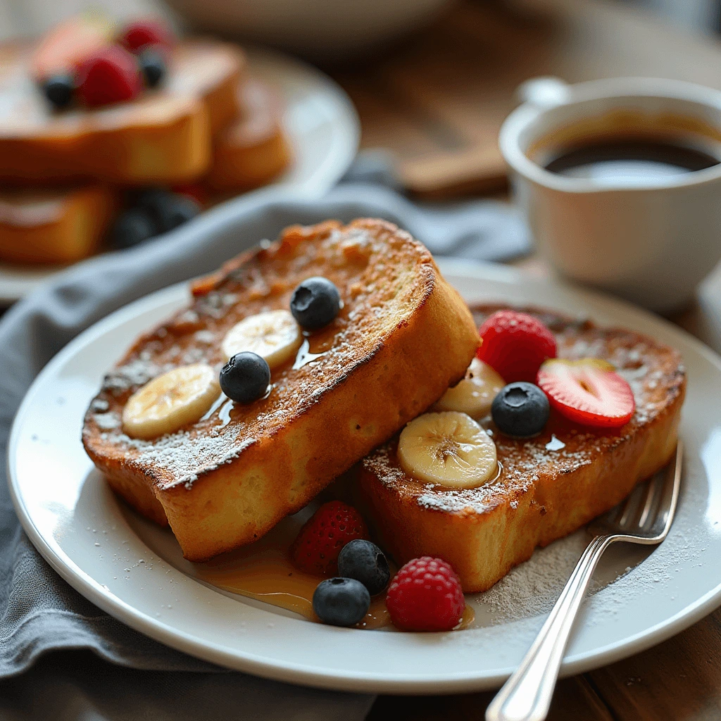 Golden brown French toast topped with powdered sugar, strawberries, and bananas for a delicious breakfast.