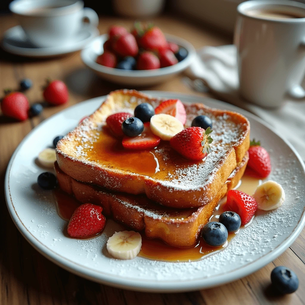 Classic French toast served with maple syrup and fresh fruit on a white plate.