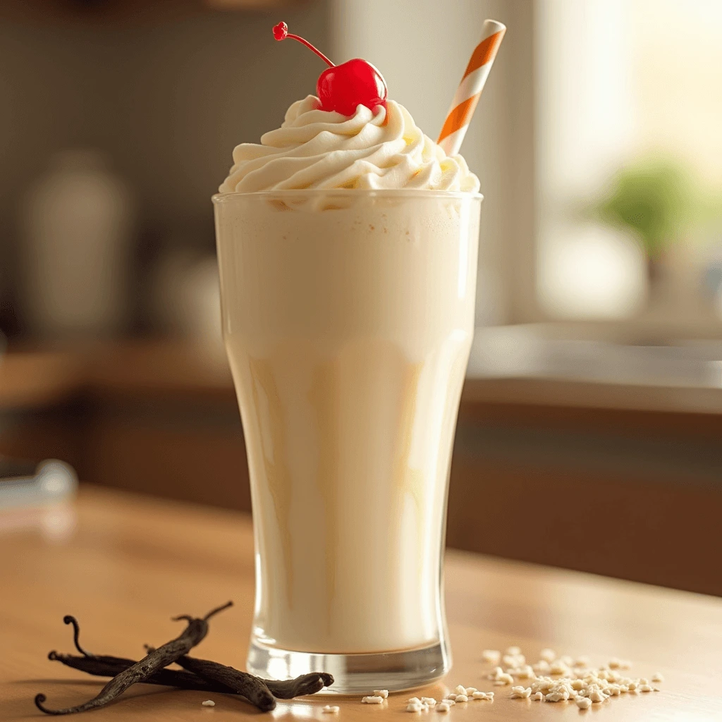 Classic Vanilla Milkshake: A smooth, creamy milkshake made with vanilla ice cream and milk, topped with whipped cream.