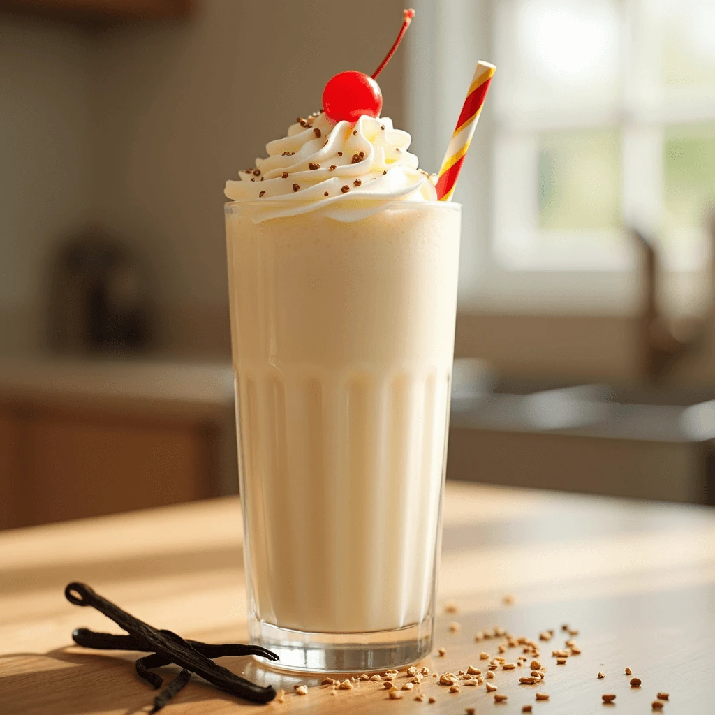 A tall glass of creamy vanilla milkshake topped with whipped cream and a sprinkle of crushed nuts, served with a striped straw on a wooden table.