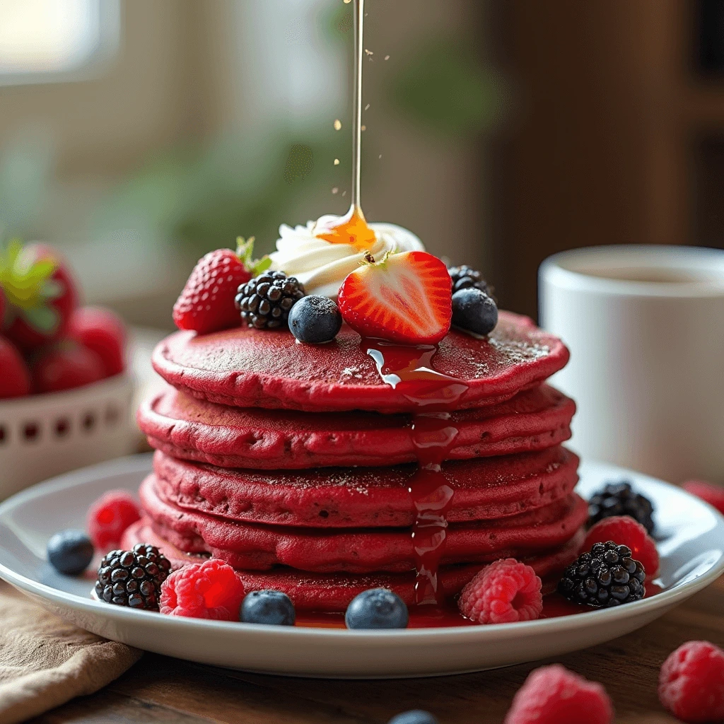 Stack of soft, red velvet pancakes topped with creamy frosting, fresh berries, and a drizzle of syrup, creating a vibrant breakfast treat.