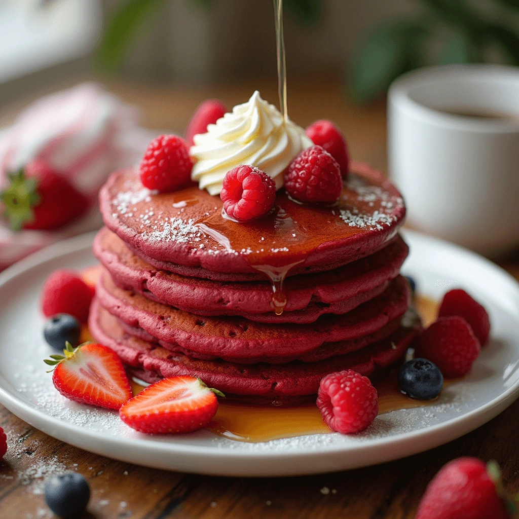 Fluffy red velvet pancakes topped with cream cheese frosting, fresh strawberries, raspberries, and a drizzle of maple syrup on a cozy wooden breakfast table.