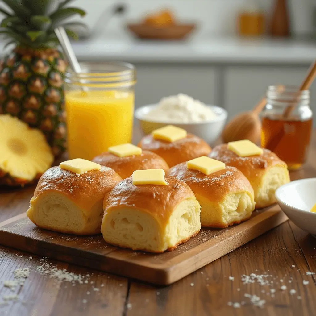 Golden brown Hawaiian rolls on a serving dish, with a glass of pineapple juice and butter in the background.