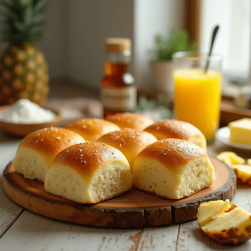 Freshly baked golden Hawaiian sweet rolls on a wooden board, brushed with butter and surrounded by tropical ingredients.