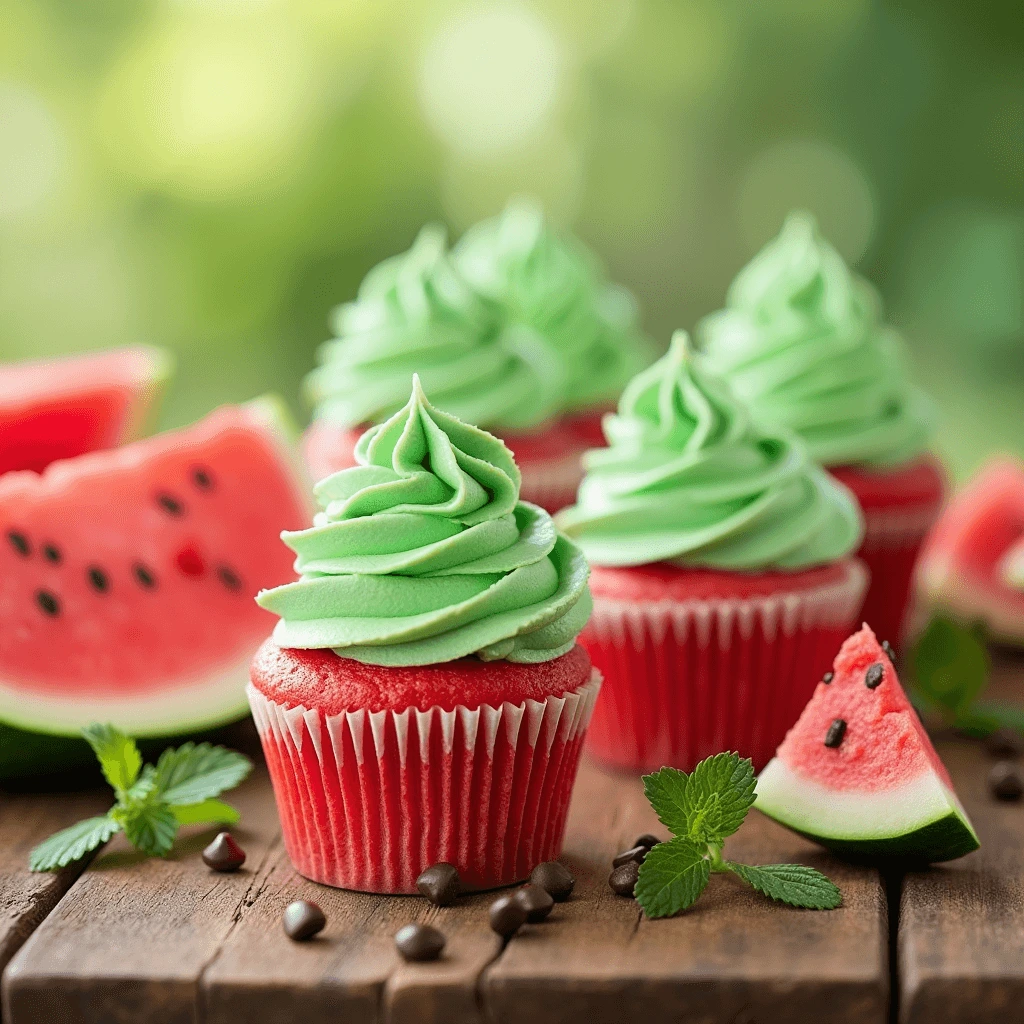 Vibrant watermelon cupcakes with pink sponge, green frosting, and mini chocolate chips, perfect for summer parties.