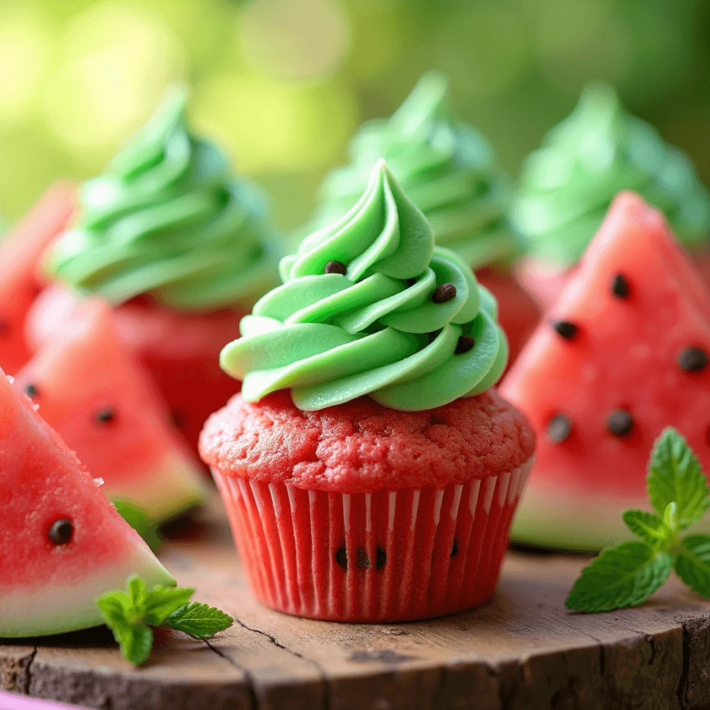 Watermelon-themed cupcakes with green frosting and chocolate chip seeds on a wooden table.