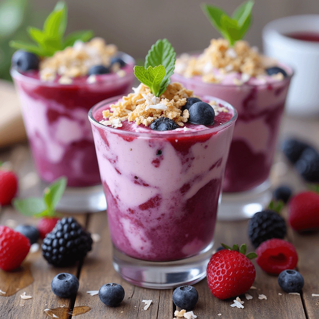 Frozen Berry & Yogurt Swirls served in a bowl, topped with fresh berries and mint leaves, perfect healthy dessert.