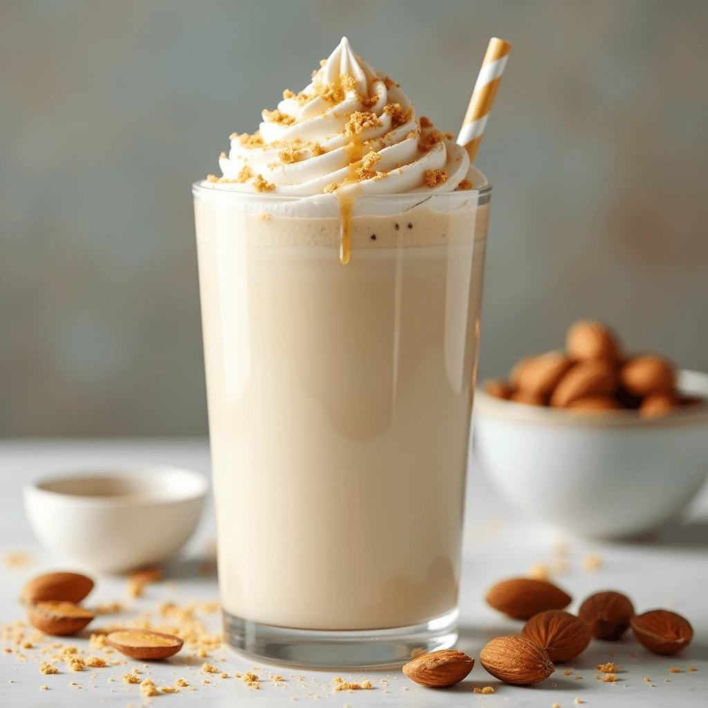 A dairy-free almond milk milkshake with a drizzle of maple syrup and a straw, set on a wooden table.