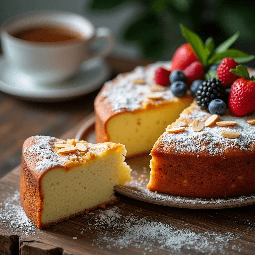 A soft, golden-brown almond cake with a light, fluffy texture inside.