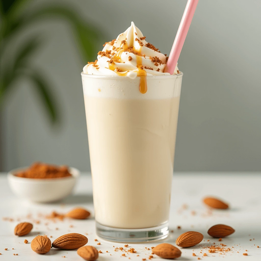 A creamy almond milk milkshake topped with whipped cream and crushed almonds in a tall glass.