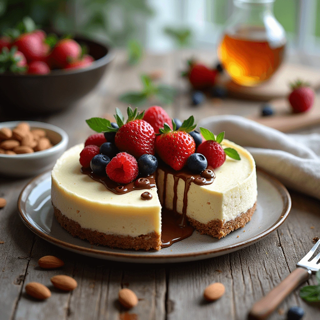 A flat lay of ingredients for vegan cheesecake, including cashews, coconut cream, maple syrup, lemon, and almond flour.