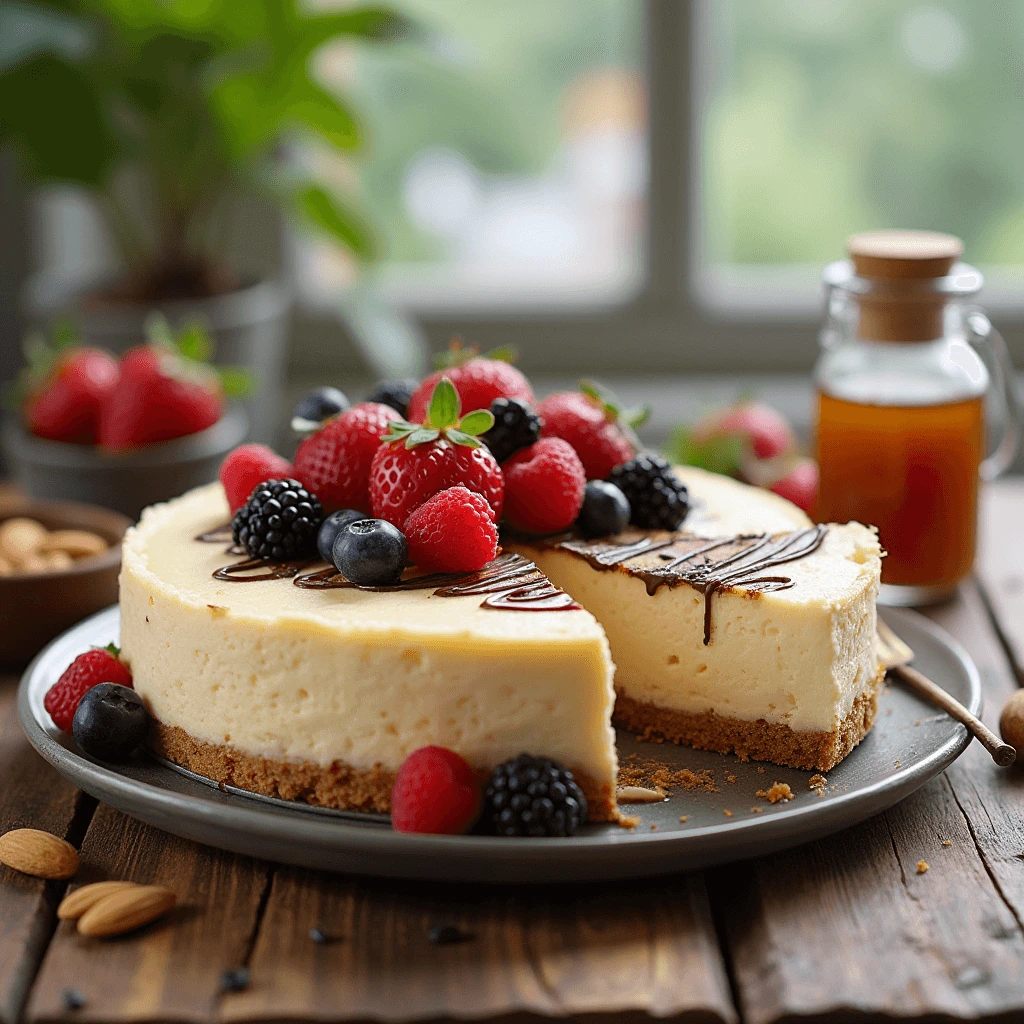 A whole vegan cheesecake with a golden almond crust, topped with fresh berries and a drizzle of melted vegan chocolate.