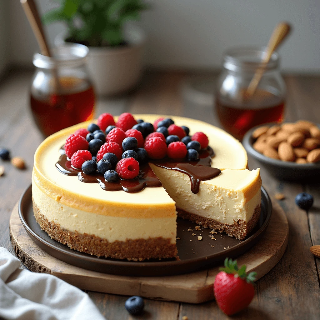 A creamy slice of vegan cheesecake on a white ceramic plate, garnished with fresh berries and a drizzle of chocolate.