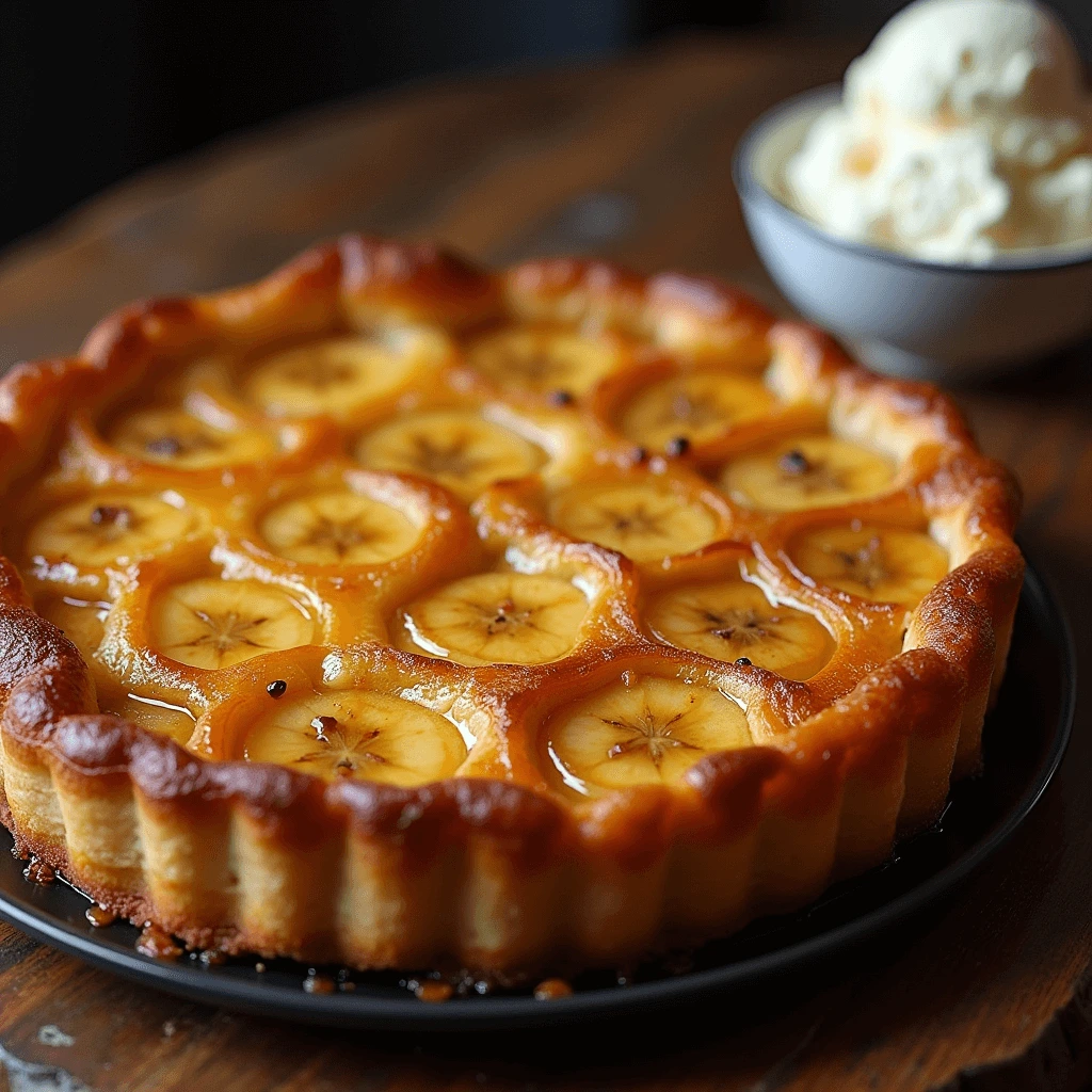 A stylish flat lay displaying all key ingredients for banana tarte tatin, including fresh bananas, puff pastry, butter, sugar, lemon, and a pinch of cinnamon, arranged artfully on a wooden table.