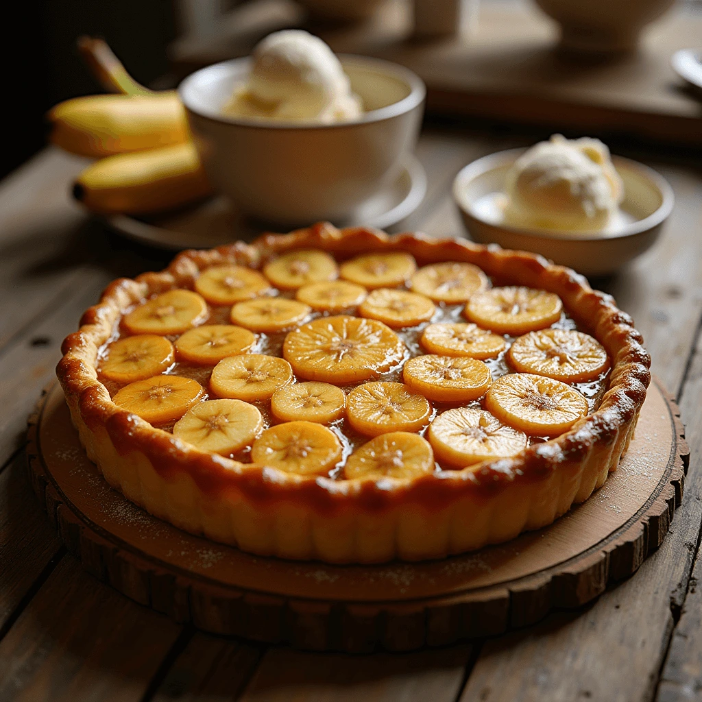 A freshly inverted banana tarte tatin with golden, caramelized bananas and flaky puff pastry, garnished with a light dusting of powdered sugar and a dollop of whipped cream on a rustic plate.