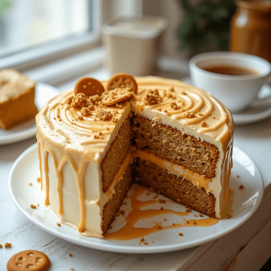 Whole Biscoff cake with smooth buttercream frosting and a drizzle of melted Lotus Biscoff spread.