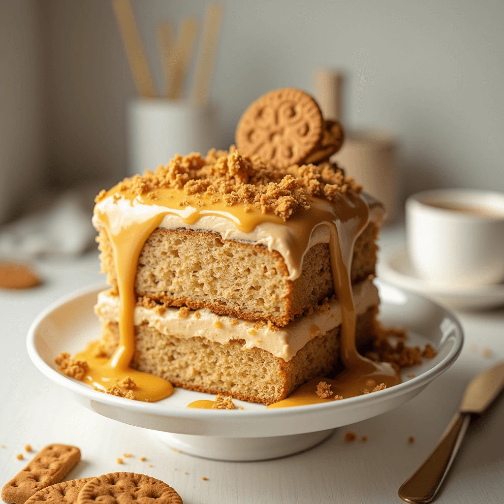 Close-up of a slice of Biscoff cake showing buttercream frosting and crushed Biscoff biscuits on top.