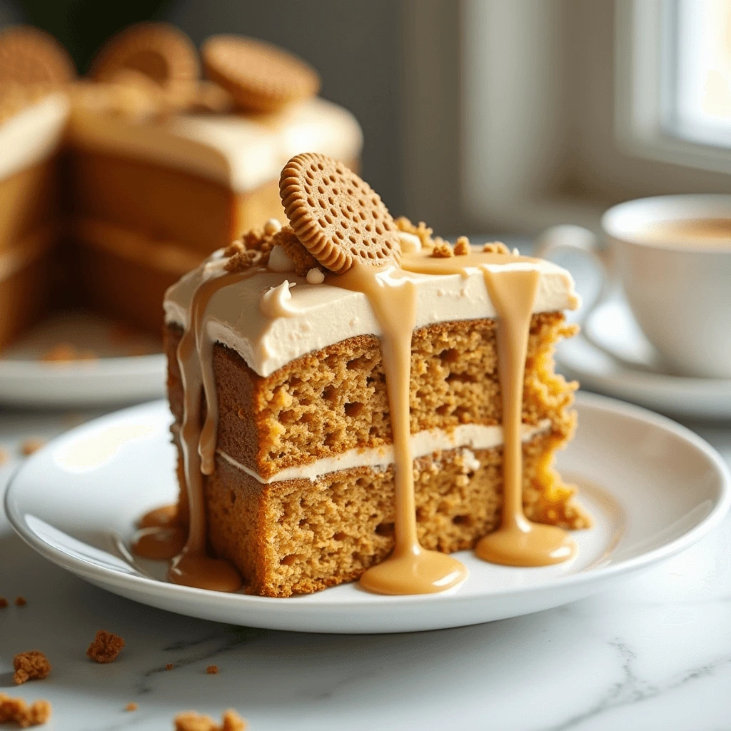 Ingredients for Biscoff cake including Biscoff spread, flour, eggs, butter, and sugar arranged on a kitchen counter.