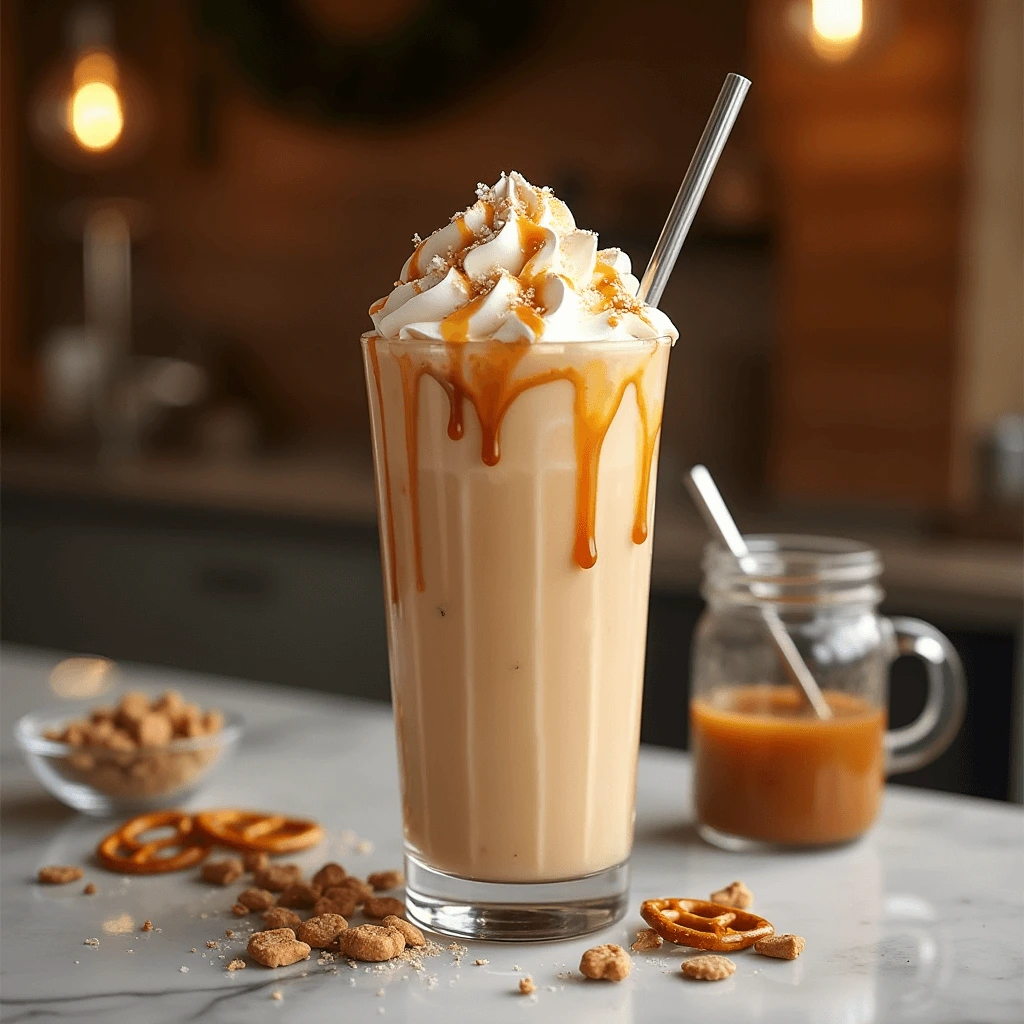 Delicious salted caramel milkshake in a tall glass with whipped cream and caramel drizzle