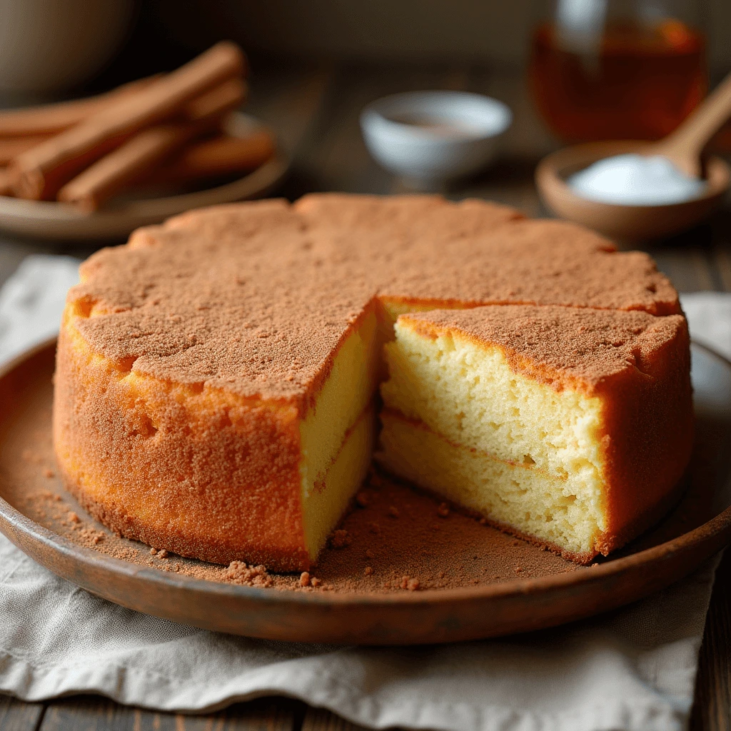 A sliced churro cake showing its fluffy interior, topped with cinnamon sugar and served on a rustic plate.