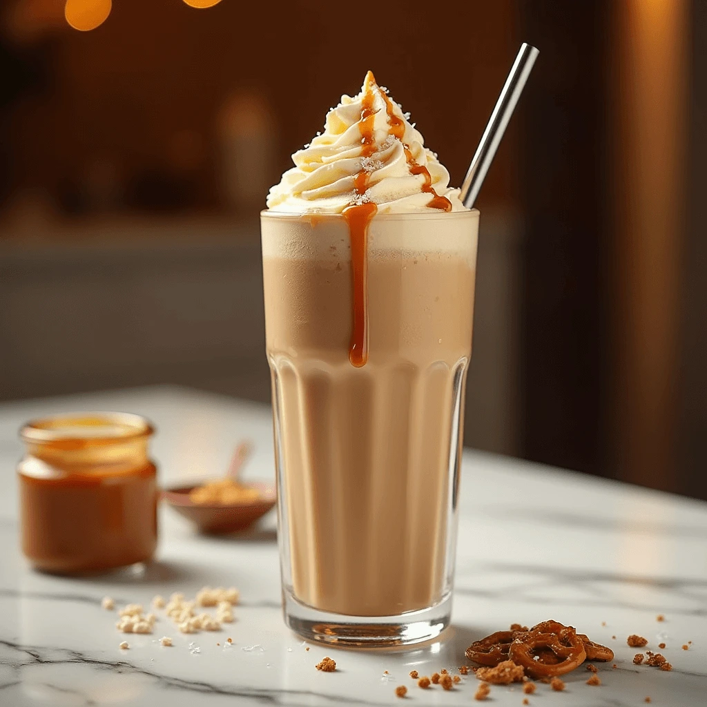 Perfect homemade salted caramel milkshake topped with whipped cream and salted caramel garnish