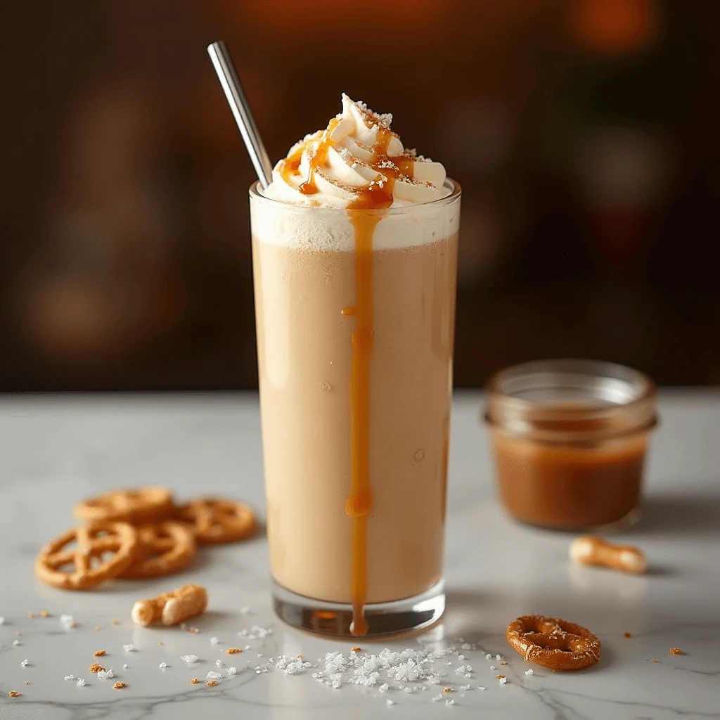 Creamy salted caramel milkshake with whipped cream and caramel drizzle