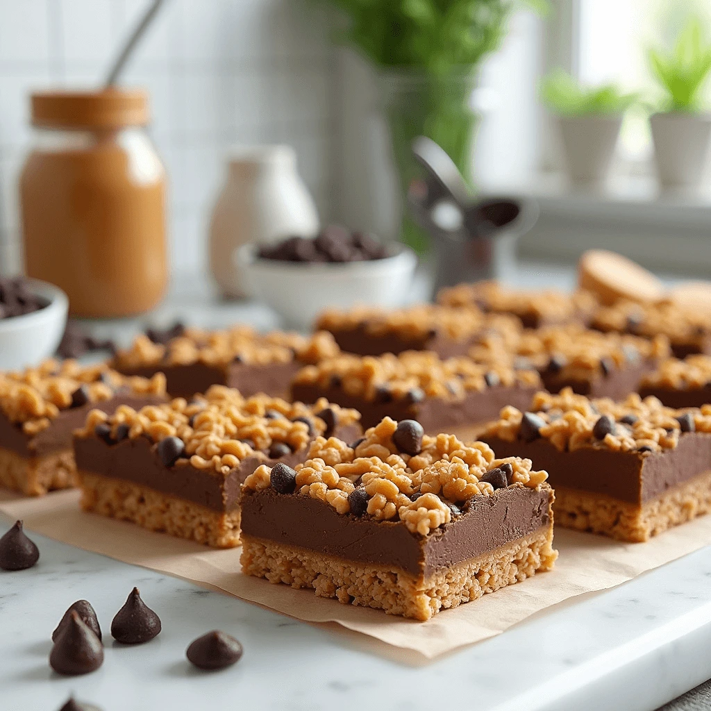 Perfectly set and cut Scotcheroos dessert bars displayed on a modern kitchen countertop with natural lighting.